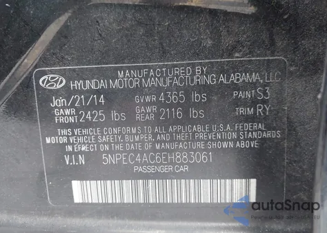 2014 Hyundai Sonata Se from USA, damaged, VIN 5NPEC4AC6EH883061